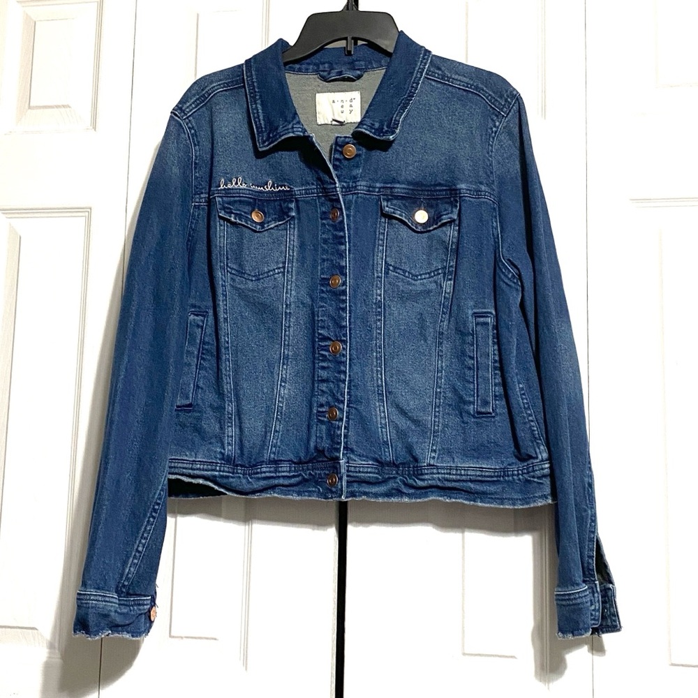 CUTE New Day Blue Denim jean Jacket Hello Sunshine Embroidery Size XL